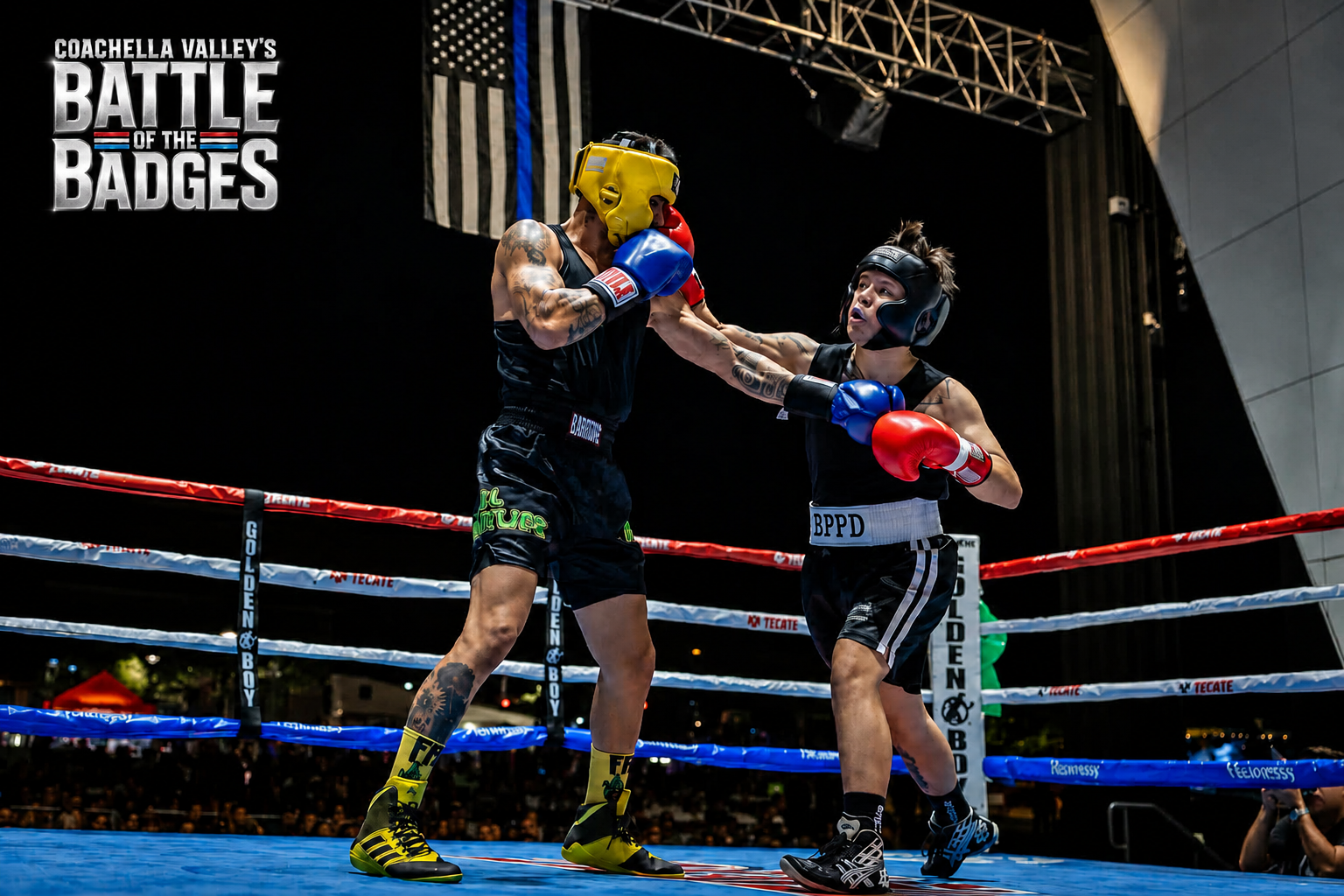 Two Battle of the Badges boxers trading punches in the ring