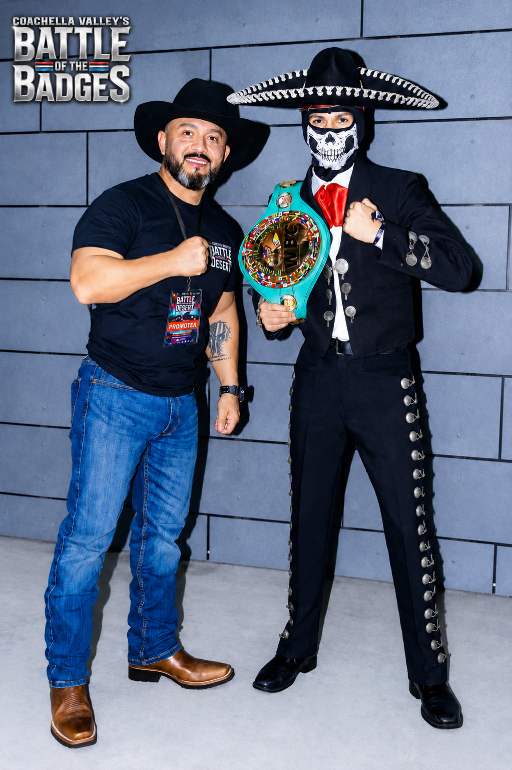 Battle of the Badges promoter posing with masked mariachi-styled champion holding the WBC belt