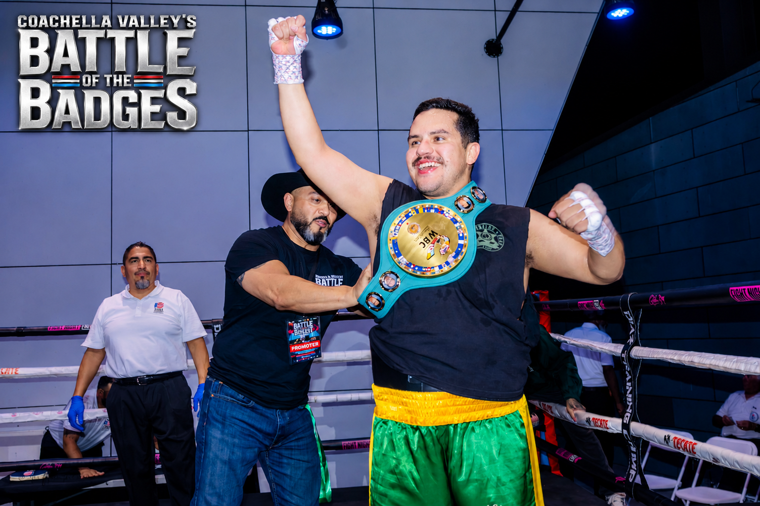 Battle of the Badges fighter celebrating with a WBC championship belt